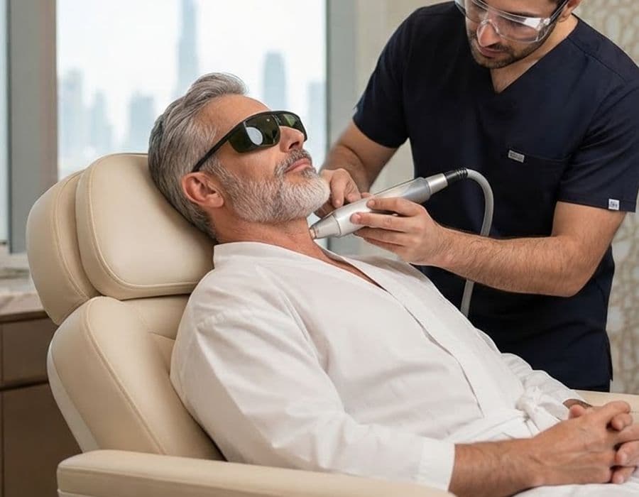 Gentleman receiving a laser grooming treatment at Dermatica’s private men’s suite in Dubai